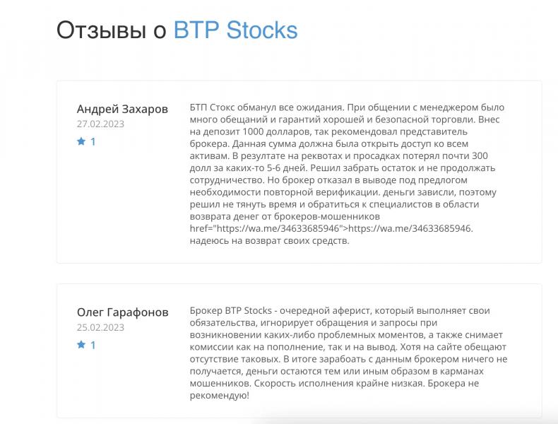 Отзывы пострадавших от компании BTPStocks